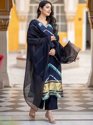 Leheriya Dyed V-Neck Pure Silk Straight Kurta With Trousers & Dupatta 1