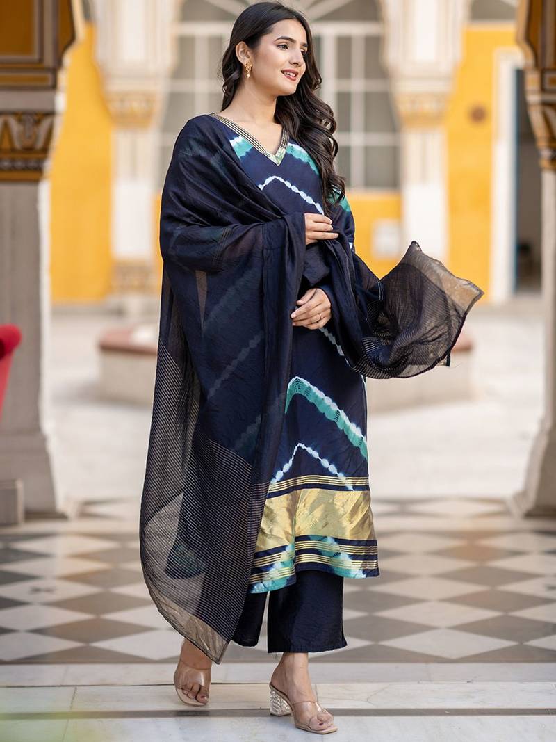 Leheriya Dyed V-Neck Pure Silk Straight Kurta With Trousers & Dupatta