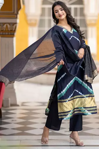 Leheriya Dyed V-Neck Pure Silk Straight Kurta With Trousers & Dupatta