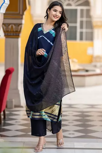 Leheriya Dyed V-Neck Pure Silk Straight Kurta With Trousers & Dupatta