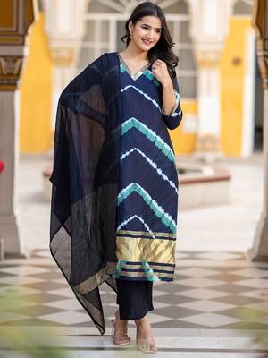 Leheriya Dyed V-Neck Pure Silk Straight Kurta With Trousers & Dupatta 6