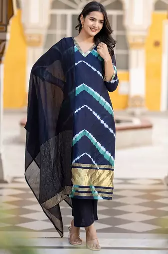 Leheriya Dyed V-Neck Pure Silk Straight Kurta With Trousers & Dupatta