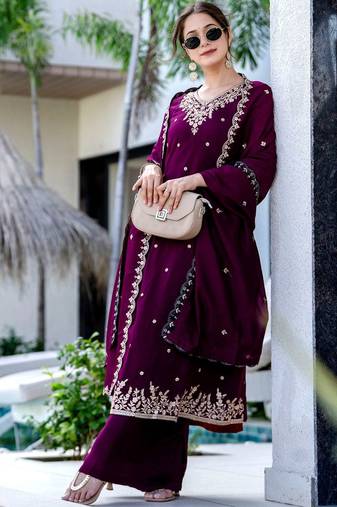 Women Ethnic Motifs Embroidered Regular Thread Work Kurta with Palazzos & With Dupatta