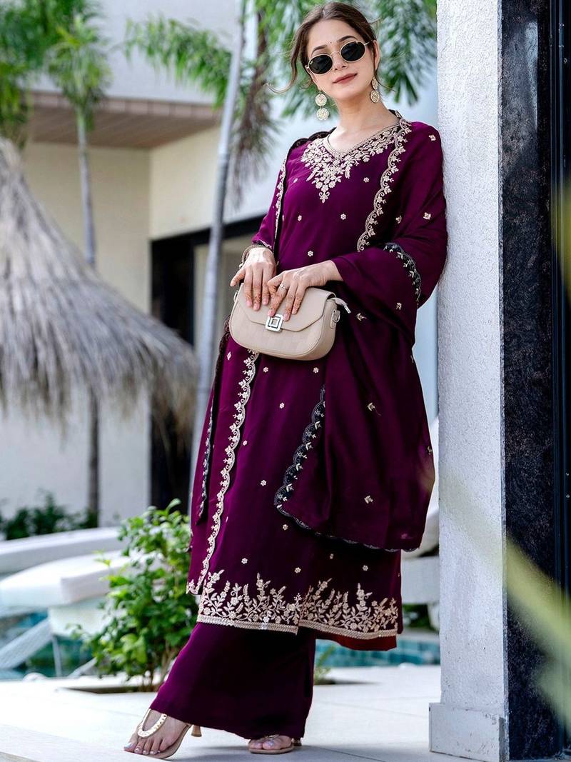 Women Ethnic Motifs Embroidered Regular Thread Work Kurta with Palazzos & With Dupatta