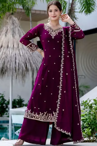 Women Ethnic Motifs Embroidered Regular Thread Work Kurta with Palazzos & With Dupatta
