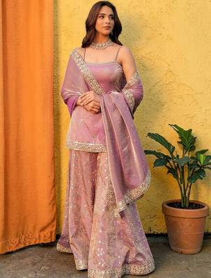 Ethnic Motifs Embroidered Shoulder Strap Kurti With Sharara & Dupatta 1