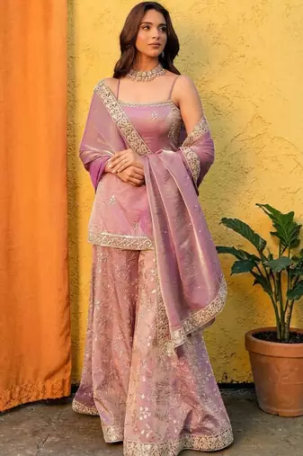 Ethnic Motifs Embroidered Shoulder Strap Kurti With Sharara & Dupatta