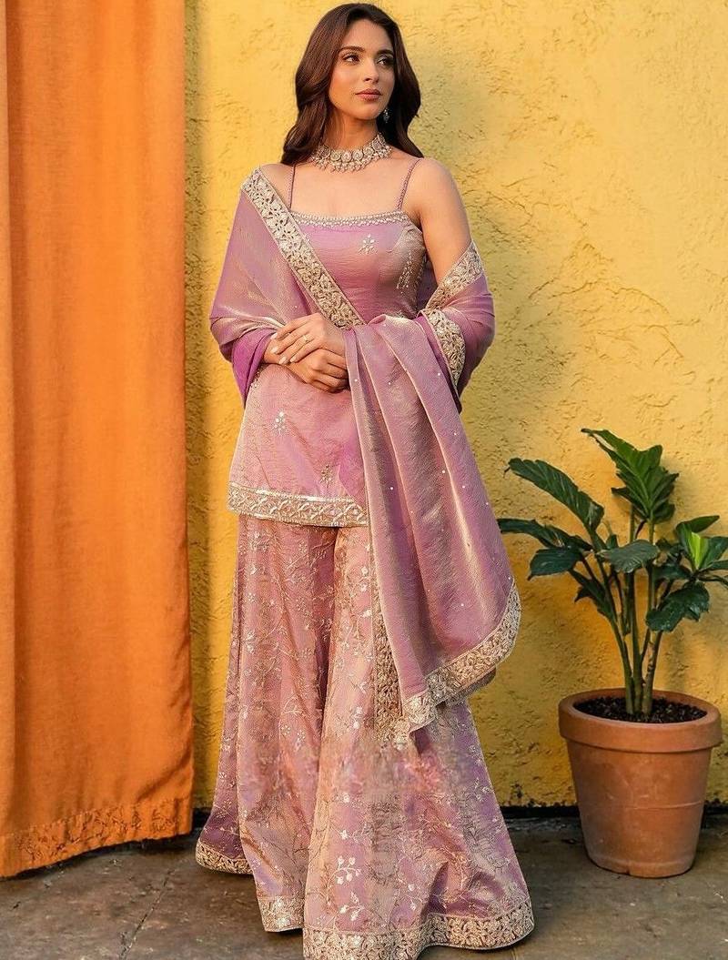 Ethnic Motifs Embroidered Shoulder Strap Kurti With Sharara & Dupatta
