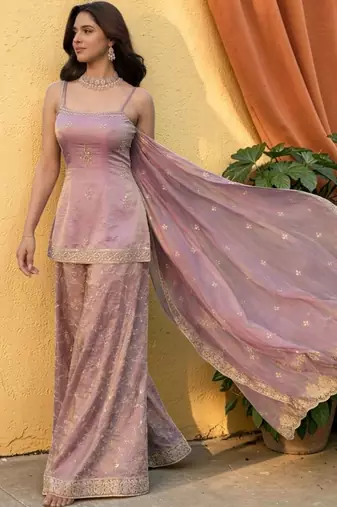 Ethnic Motifs Embroidered Shoulder Strap Kurti With Sharara & Dupatta
