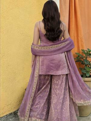 Ethnic Motifs Embroidered Shoulder Strap Kurti With Sharara & Dupatta 5