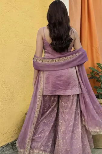 Ethnic Motifs Embroidered Shoulder Strap Kurti With Sharara & Dupatta