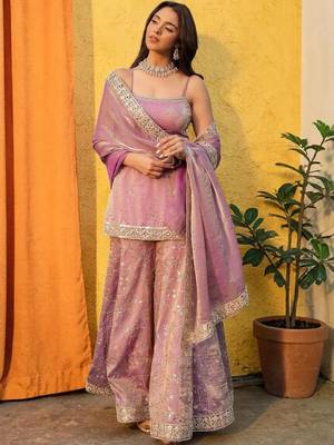 Ethnic Motifs Embroidered Shoulder Strap Kurti With Sharara & Dupatta 6