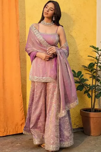 Ethnic Motifs Embroidered Shoulder Strap Kurti With Sharara & Dupatta