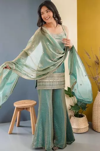 Women Ethnic Motifs Embroidered Regular Kurta with Sharara & With Dupatta