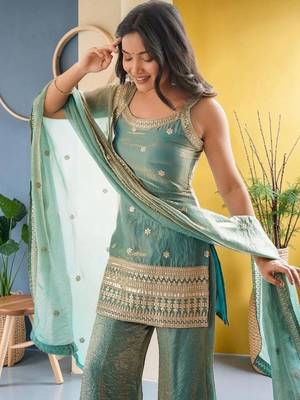 Women Ethnic Motifs Embroidered Regular Kurta with Sharara & With Dupatta 3