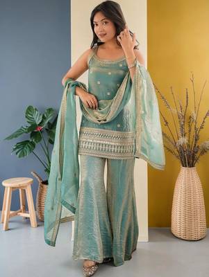 Women Ethnic Motifs Embroidered Regular Kurta with Sharara & With Dupatta 5