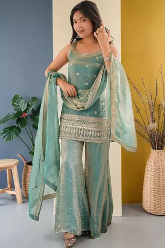 Women Ethnic Motifs Embroidered Regular Kurta with Sharara & With Dupatta