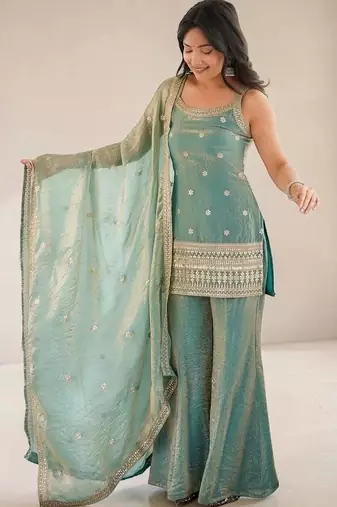 Women Ethnic Motifs Embroidered Regular Kurta with Sharara & With Dupatta