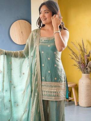 Women Ethnic Motifs Embroidered Regular Kurta with Sharara & With Dupatta 7