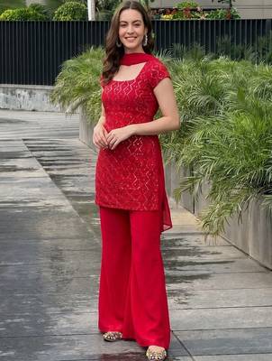 Women Ethnic Motifs Embroidered Regular Sequinned Kurta with Palazzos & With Dupatta 1