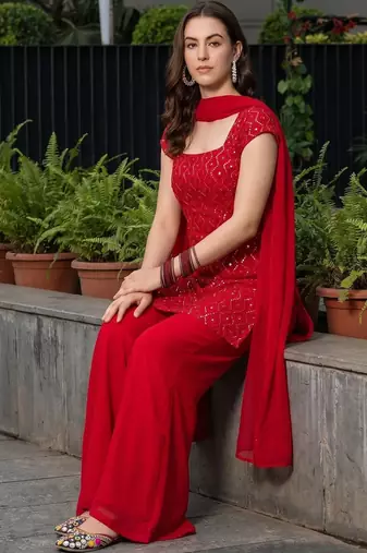 Women Ethnic Motifs Embroidered Regular Sequinned Kurta with Palazzos & With Dupatta
