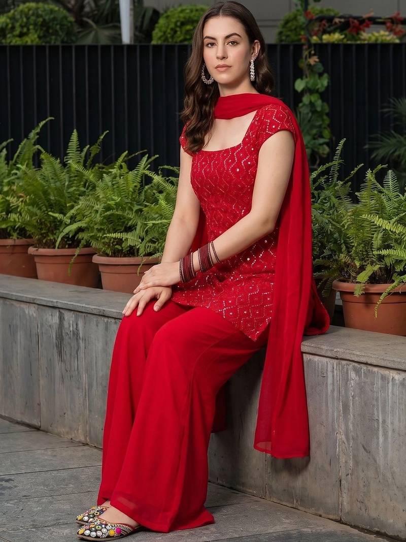 Women Ethnic Motifs Embroidered Regular Sequinned Kurta with Palazzos & With Dupatta