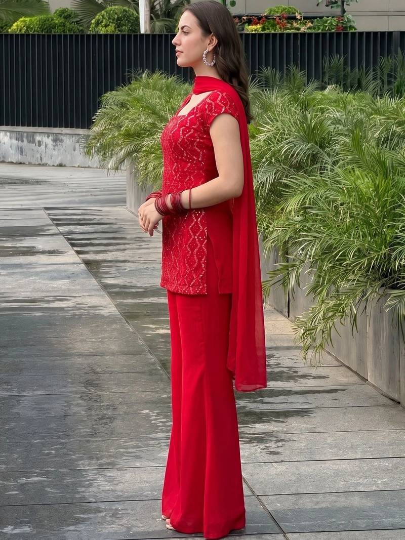 Women Ethnic Motifs Embroidered Regular Sequinned Kurta with Palazzos & With Dupatta