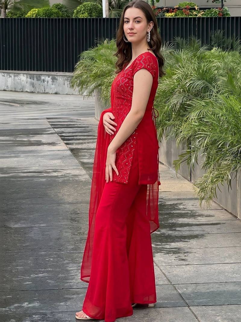 Women Ethnic Motifs Embroidered Regular Sequinned Kurta with Palazzos & With Dupatta
