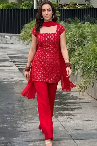Women Ethnic Motifs Embroidered Regular Sequinned Kurta with Palazzos & With Dupatta