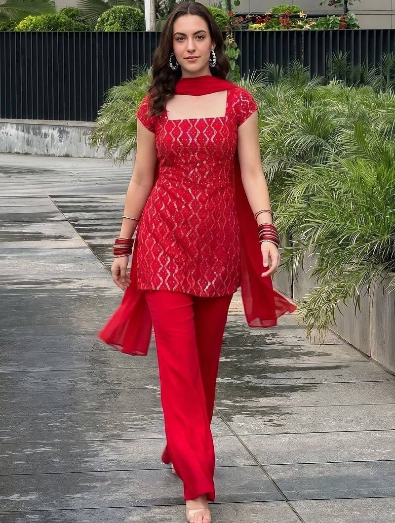 Women Ethnic Motifs Embroidered Regular Sequinned Kurta with Palazzos & With Dupatta