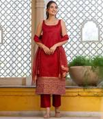 Women Ethnic Motifs Embroidered Square Neck Straight Kurta with Trousers & Dupatta