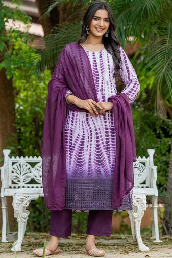 Women Dyed Regular  Cotton Kurta with Trousers & With Dupatta