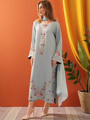 Embroidered Round Neck Thread Work Chanderi Silk Kurta With Trousers & Dupatta 7