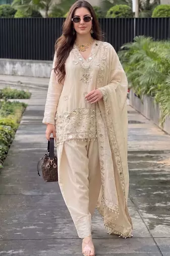 Women Ethnic Motifs Embroidered Regular Mirror Work Pure Silk Kurta with Patiala & With Dupatta