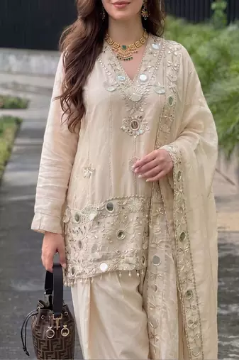Women Ethnic Motifs Embroidered Regular Mirror Work Pure Silk Kurta with Patiala & With Dupatta