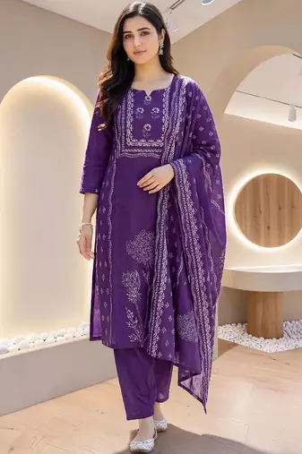 Women Ethnic Motifs Printed Regular Pure Cotton Kurta with Trousers & With Dupatta