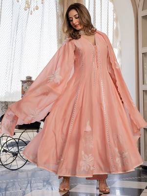 Women Floral Embroidered Regular Mirror Work Chanderi Silk Kurta with Trousers & With Dupatta 1