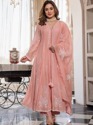 Women Floral Embroidered Regular Mirror Work Chanderi Silk Kurta with Trousers & With Dupatta 3