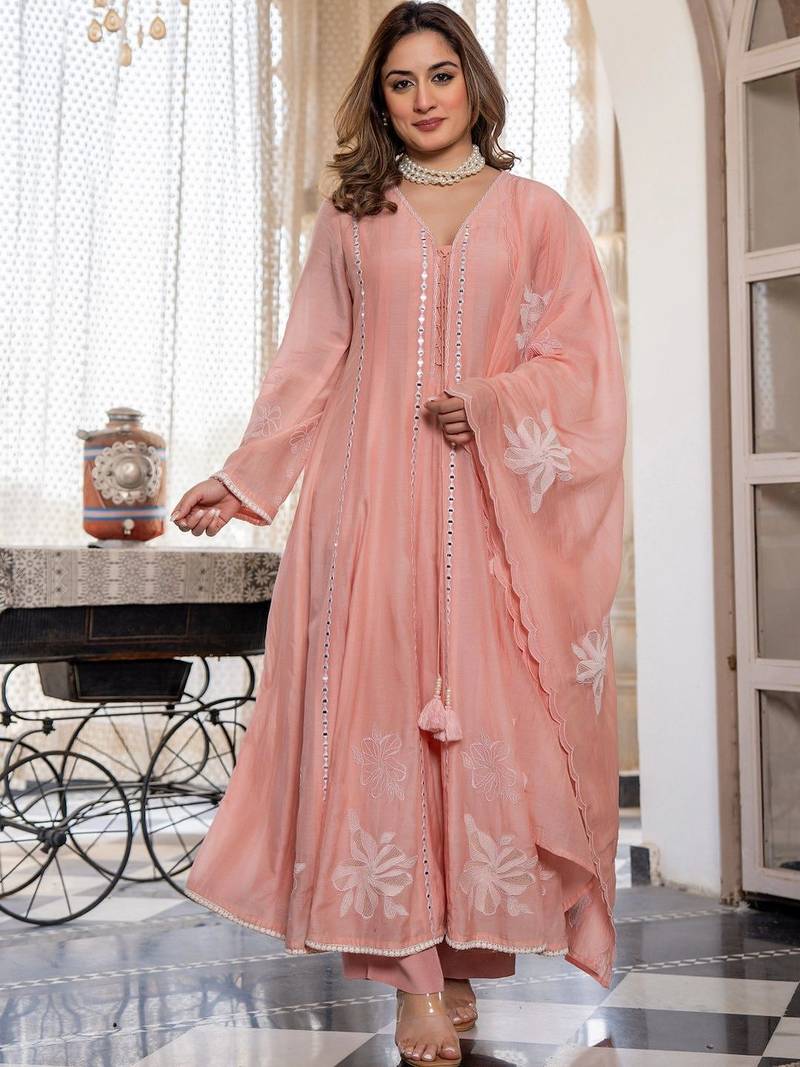 Women Floral Embroidered Regular Mirror Work Chanderi Silk Kurta with Trousers & With Dupatta