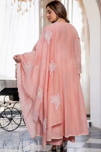 Women Floral Embroidered Regular Mirror Work Chanderi Silk Kurta with Trousers & With Dupatta