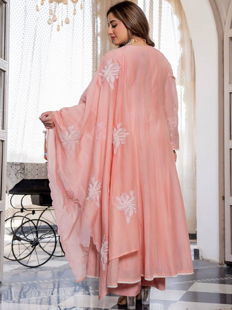 Women Floral Embroidered Regular Mirror Work Chanderi Silk Kurta with Trousers & With Dupatta