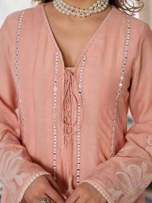 Women Floral Embroidered Regular Mirror Work Chanderi Silk Kurta with Trousers & With Dupatta 5