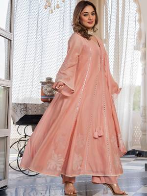 Women Floral Embroidered Regular Mirror Work Chanderi Silk Kurta with Trousers & With Dupatta 6