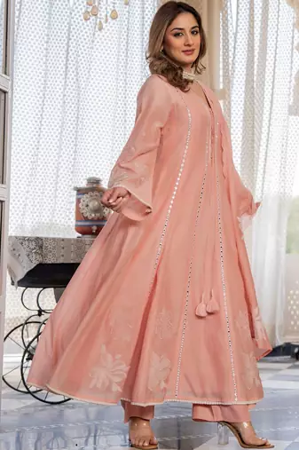 Women Floral Embroidered Regular Mirror Work Chanderi Silk Kurta with Trousers & With Dupatta