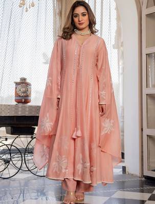 Women Floral Embroidered Regular Mirror Work Chanderi Silk Kurta with Trousers & With Dupatta 7