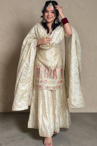 Women Ethnic Motifs Embroidered Regular Thread Work Kurta with Sharara & With Dupatta