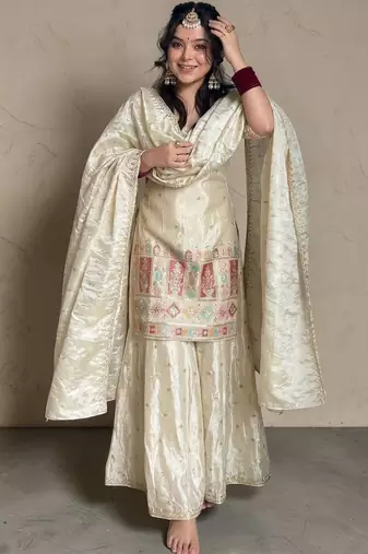Women Ethnic Motifs Embroidered Regular Thread Work Kurta with Sharara & With Dupatta