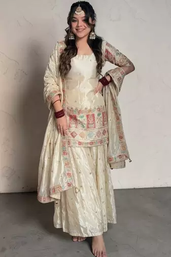 Women Ethnic Motifs Embroidered Regular Thread Work Kurta with Sharara & With Dupatta