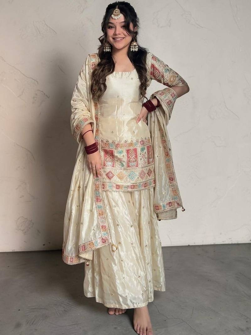 Women Ethnic Motifs Embroidered Regular Thread Work Kurta with Sharara & With Dupatta