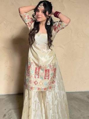 Women Ethnic Motifs Embroidered Regular Thread Work Kurta with Sharara & With Dupatta 5